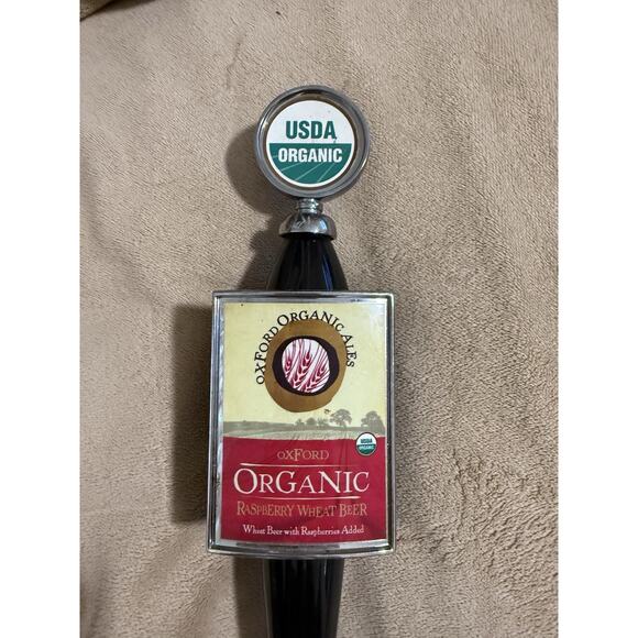 Oxford Organic Ales, Raspberry Wheat Beer Other - Oxford Raspberry Organic Ale 2 Logos 13” Beer Tap Handle Wood Keg Kegerator